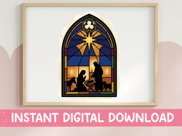 Stained Glass Nativity Scene Window: A Versatile T-Shirt Design Graphic